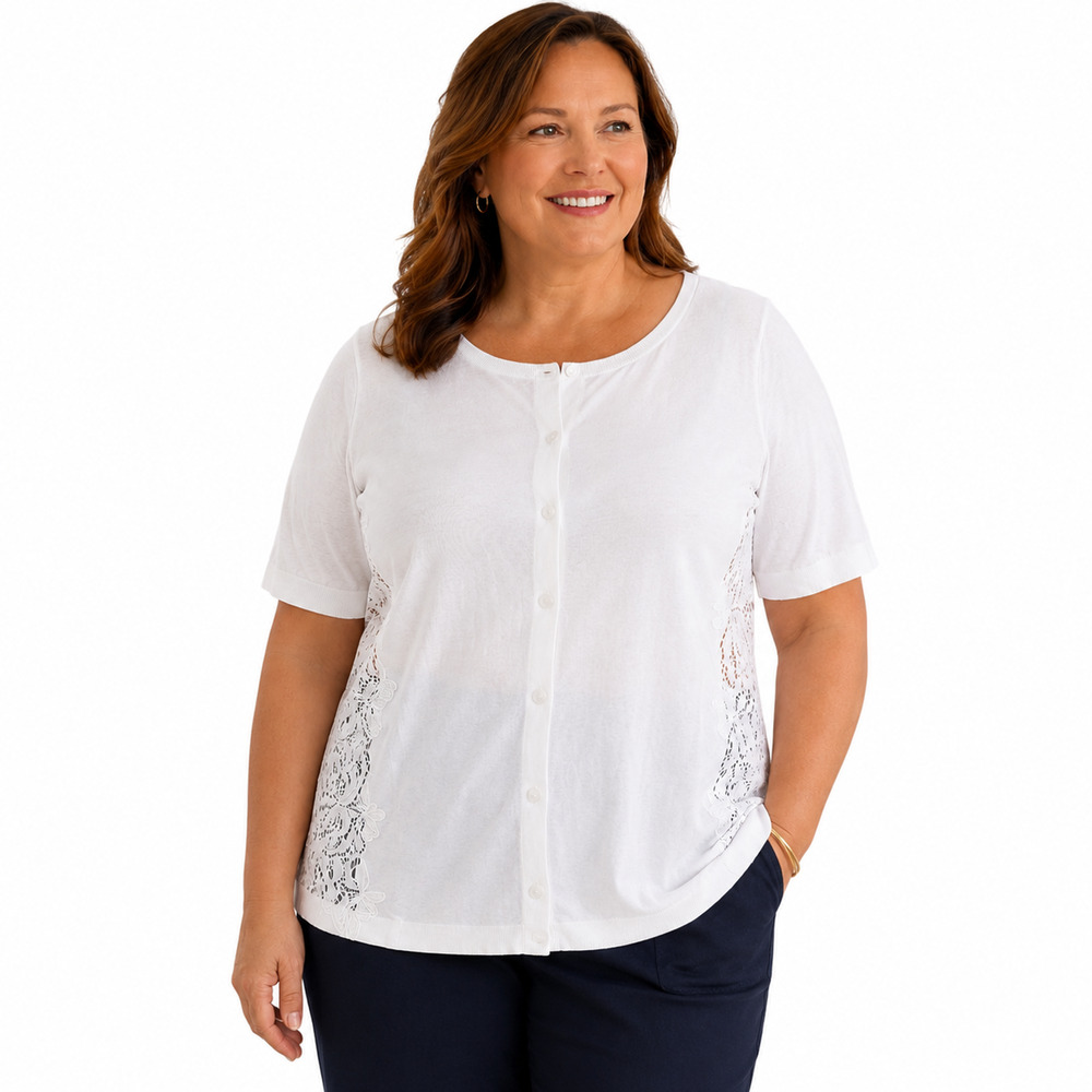 Talbots Pima Cotton White Short Sleeve Cardigan Sweater Crochet Sides sz 2X
